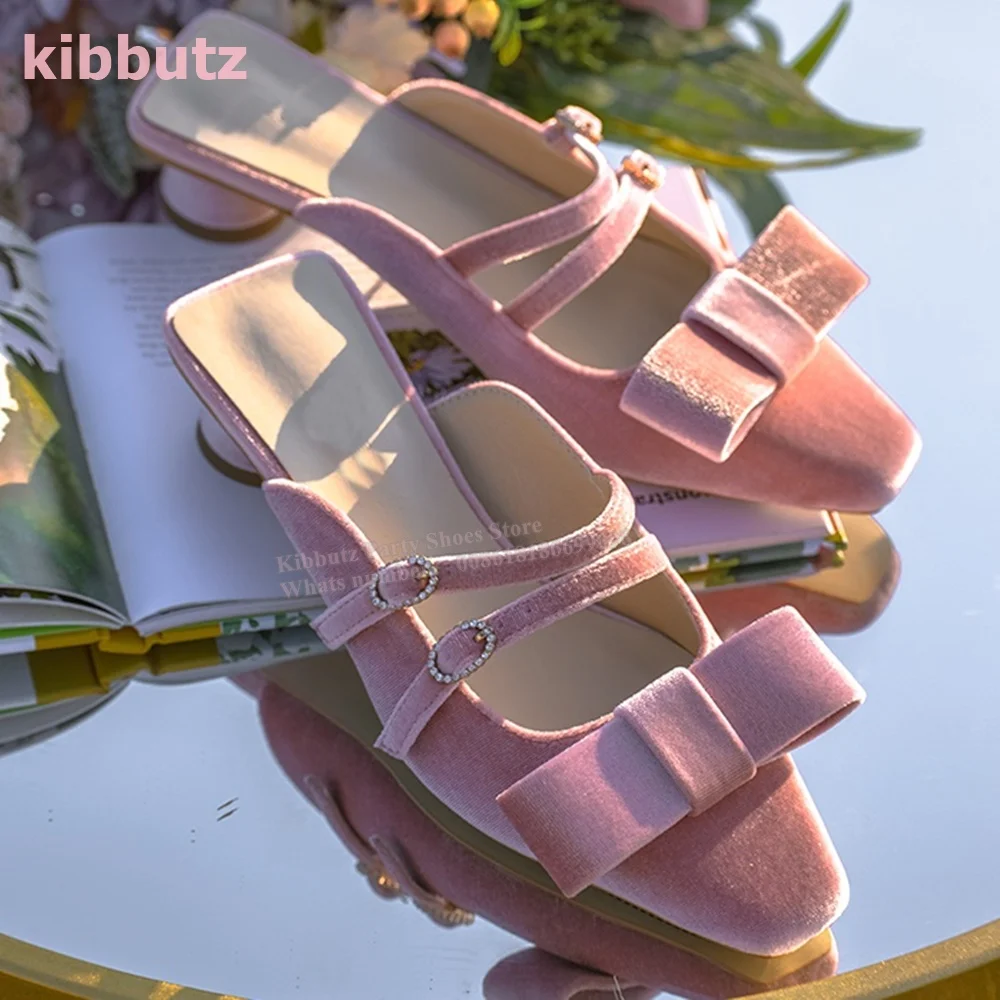 

Velvet Crystal Belt Buckle Pump Slippers Square Toe Bows Round Heel Slip On Lace Fashion Elegant Sexy Concise Women Shoes Newest