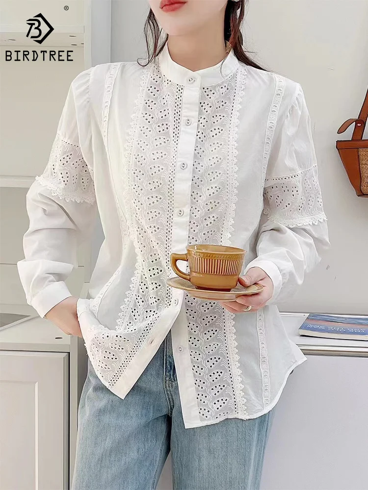 

Женская хлопковая блузка с вышивкой, белая Повседневная Свободная блузка с длинным рукавом, отложным воротником и вышивкой, на весну-осень, T43306QM, 2024