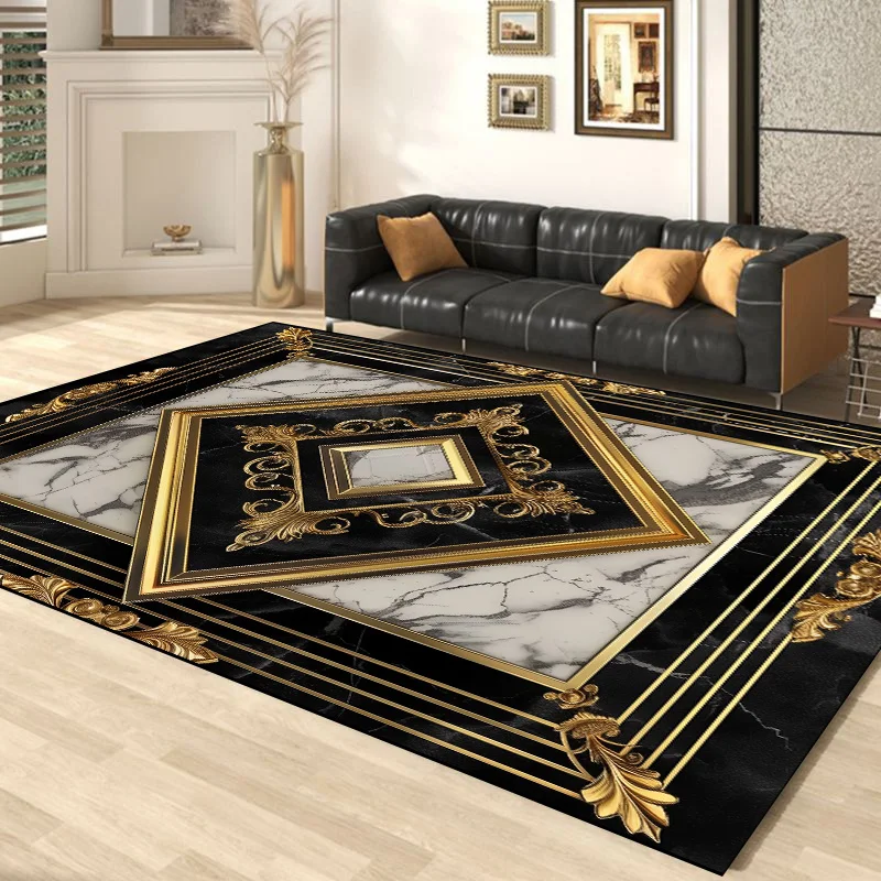 

Luxury Gold Living Room Carpet Marble Decoration Geometry Carpets Home Sofa Side Black Rug Hotel Hall Anti-slip Floor Mat