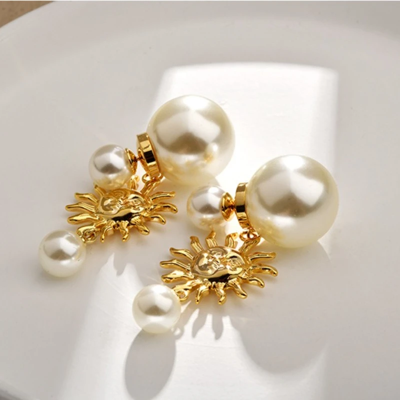 Französische Perlenohrringe, gemischte Sonnenblumenperlen in verschiedenen Größen, leichter Luxus-High-End, vielseitiger Vintage-Chic-Damenschmuck – Detail 3