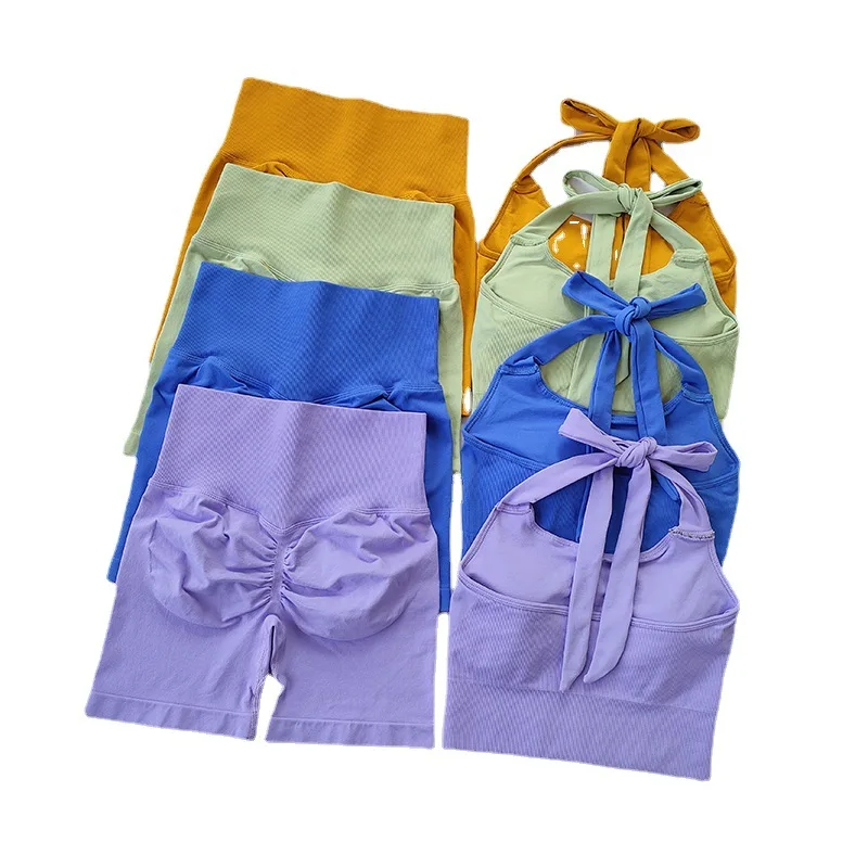 Women's Seamless Yoga Wear Set Tape Strap Backless Top High Waist Scrunched Short Pants Active Set