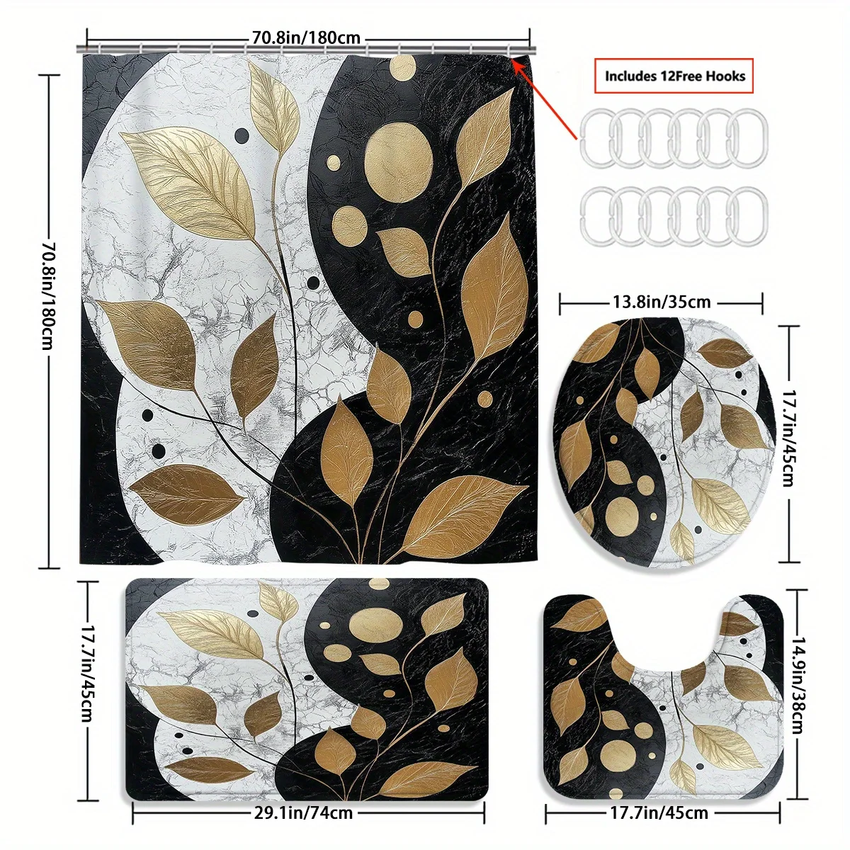 4종세트, 블랙, 화이트, 골드 추상 잎 패턴, 샤워커튼, 미끄럼방지매트, U자매트, 변기시트