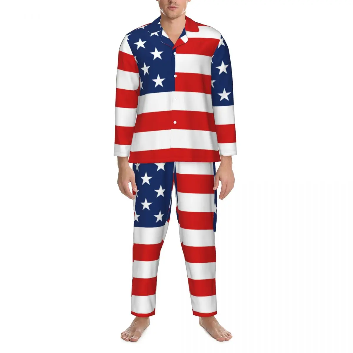 

American Flag Pajama Sets 4th of July Blue Red Stripe Romantic Sleepwear Unisex Long Sleeve Vintage Bedroom 2 Pieces Home Suit