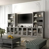 Entertainment Center with Bookshelves&Glass Doors, Living Room Entertainment Center with Bridge, Hutch Space for TV, Wood Grain 1