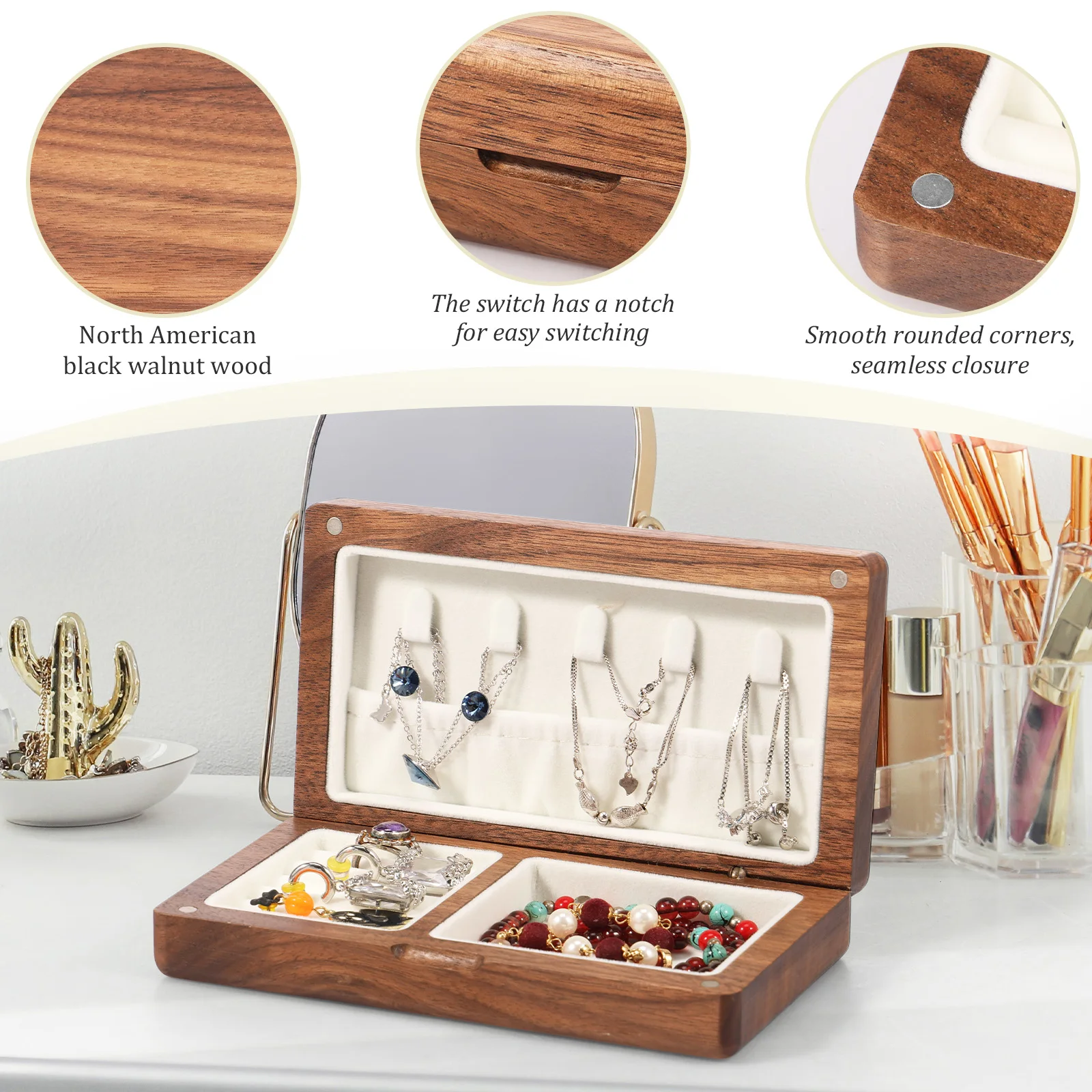Portable Velvet Jewelry Storage Box Wooden Travel Jewelry Box Vintage Earring Ring Necklace Case Jewelry Storage Holder Box New 3