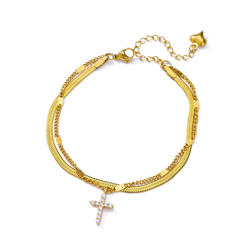 Cubic Zirconia Anklet Zircon Cross Anklets For Women Gold Color Stainless Steel Cross Anklet Double Chain Summer Beach Party Jewelry Gift Accessories