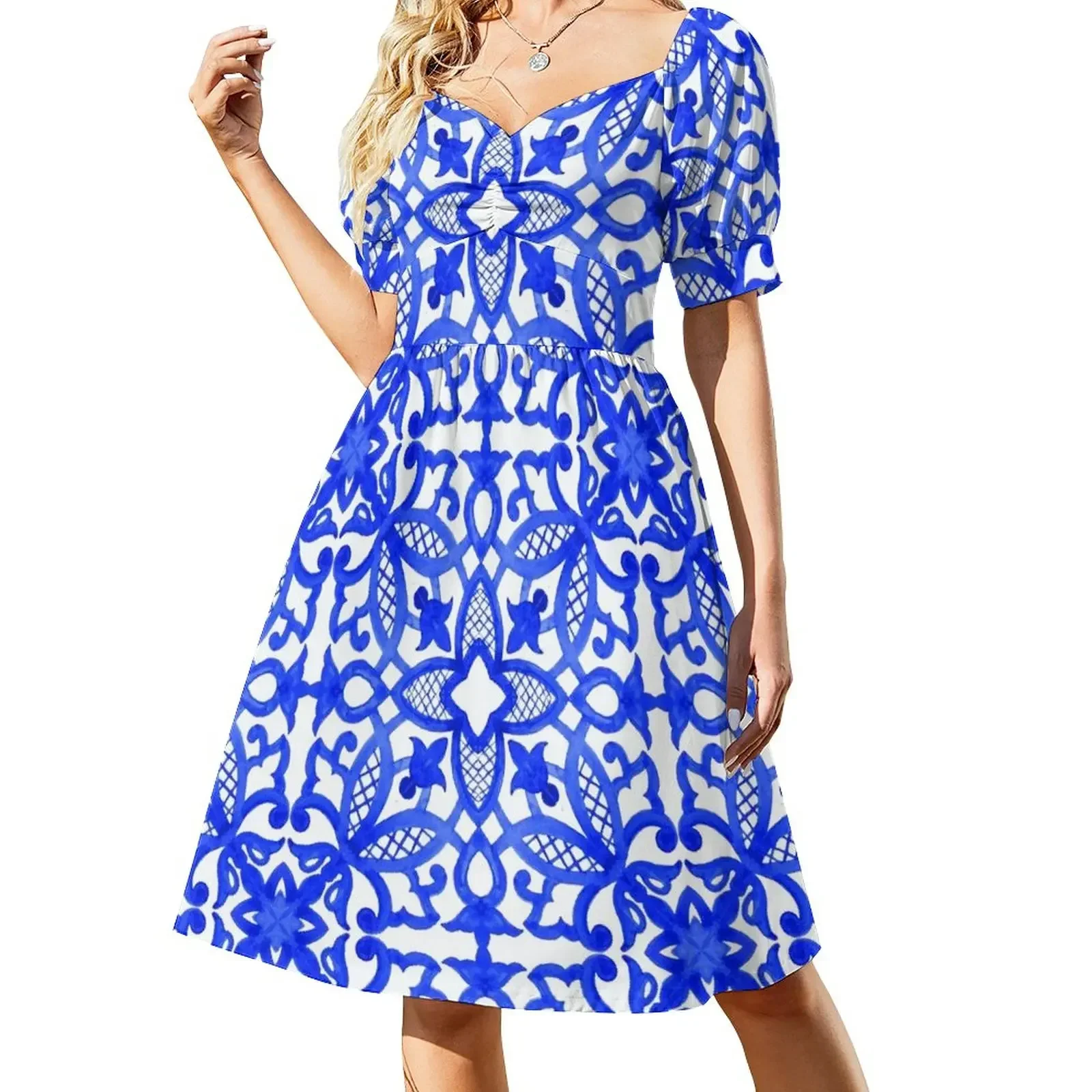 thumbnail image 1 of Azulejos portugueses. Vestido de ceremonia de manga corta, elegante y chic. Vestido de noche para mujer., 1 of 8