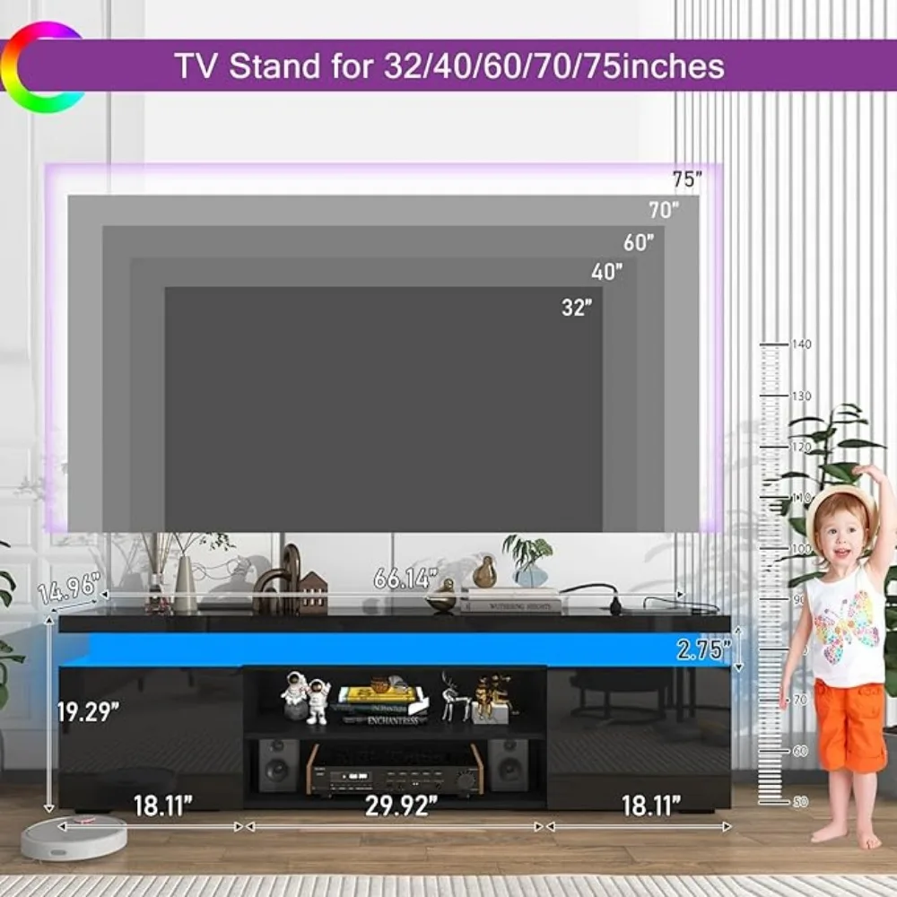 LED TV Stand High Gloss TV Console Entertainment Center with Storage For Living Room Bedroom