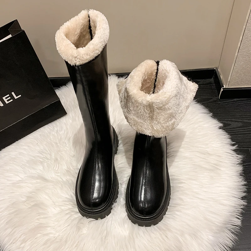 Women Thigh High Boots Women Casual Plush Knee Boots Brand Designer Zip Ladies Leather Long Boots White Mujer Shoes Big Size 42