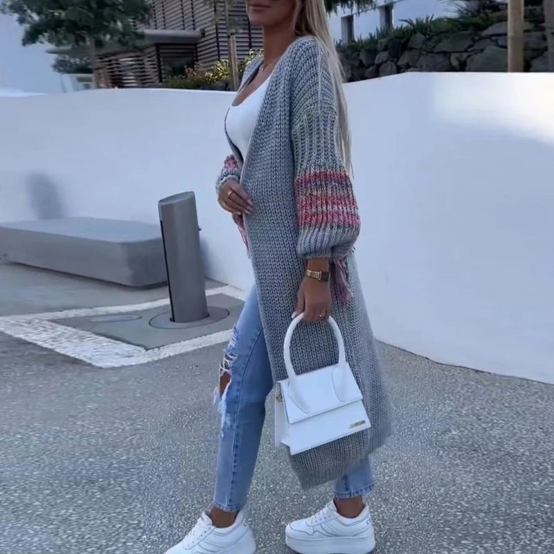 

Autumn Winter Printed Patchwork Tassel Sweater Women V-neck Rib Knitted Sweater Cardigan Vintage Lantern Long Sleeve Warm Jumper
