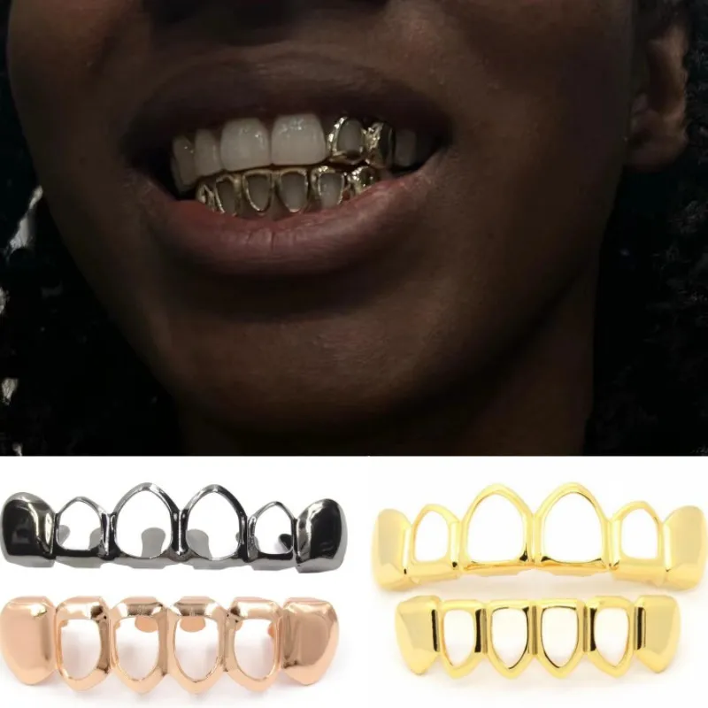 PunkGoldPlatedHollowTeethGrillsForMenHipHopTopBottomTooth