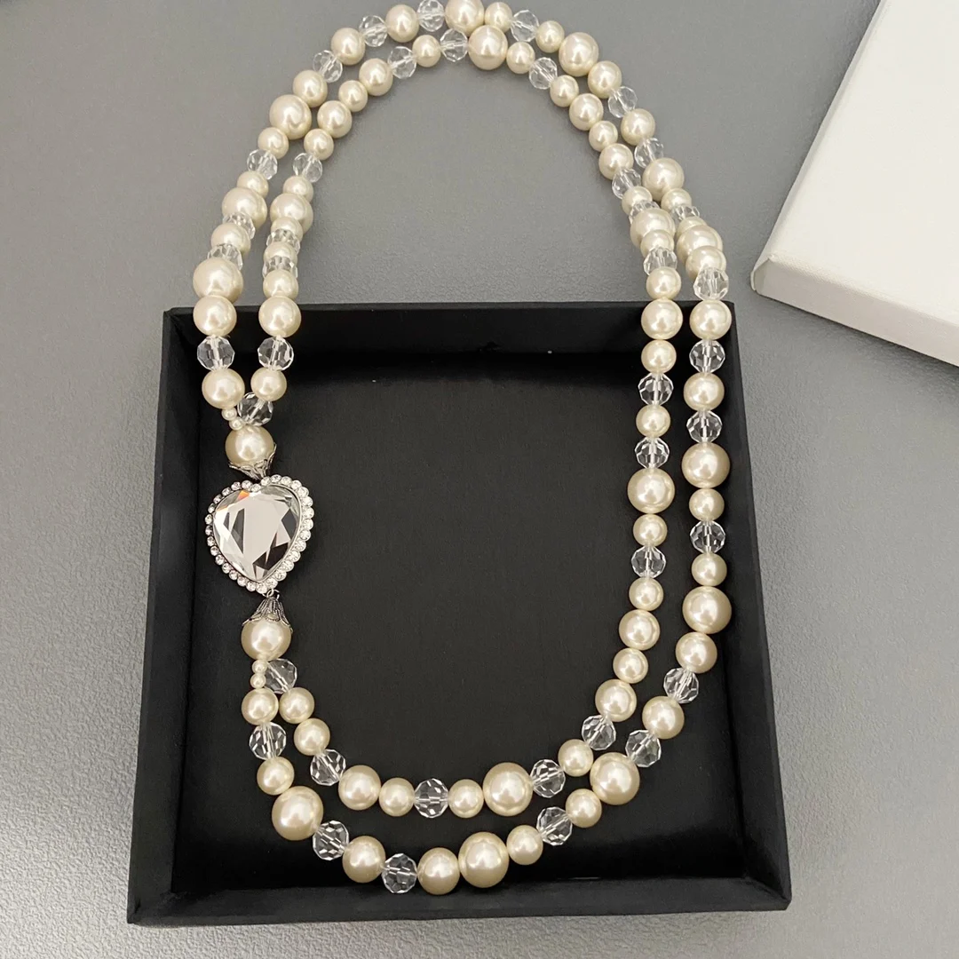 

Fashion high quality vintage double pearl crystal patchwork love temperament necklace