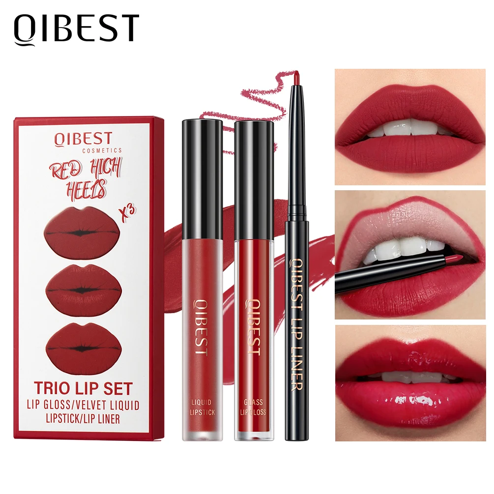 Matte Liquid Lipstick Lip Liner Lip Gloss 3Pcs Sets Long Lasting Non-stick Cup Red Black Purple Lip Tint Cosmetics Kits lip makeup set,makeup kit