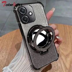 Glitter Shockproof Silicone Phone Case with Mirror and Magnetic Holder Stand for Honor 400 Lite (Black)