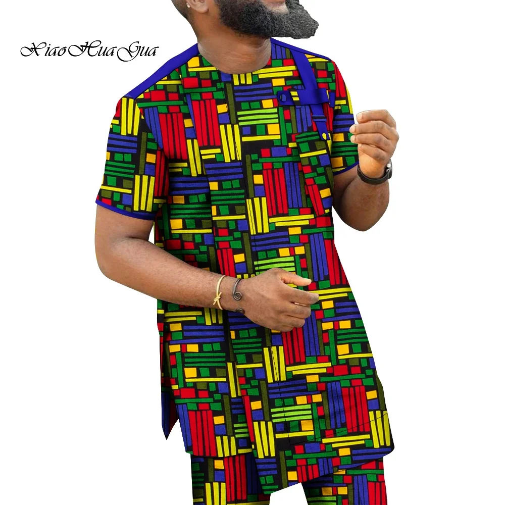 Men Suits Summer Round Neck African Print Short Sleeves Tops and Pants African Style Men Set Outfits WYN1876
