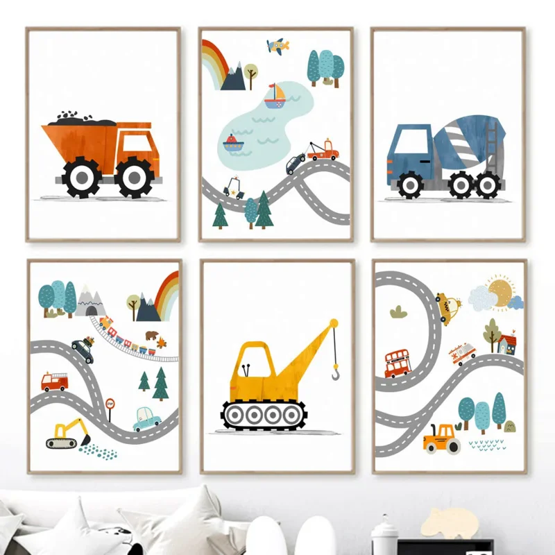 

Cartoon Car Letter Number Children Nordic Style Canvas Print Painting Poster Wall Picture Kids Room Home Decor