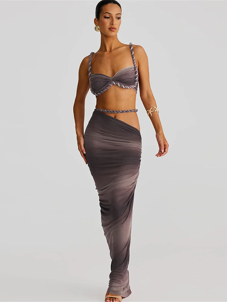 Nibber Vacation Sexy Women 2 Piece Set Bandage Ruched Square Collar Bra+Skinny Long Skirts 2025 Summer  Beach Party Trend Suits