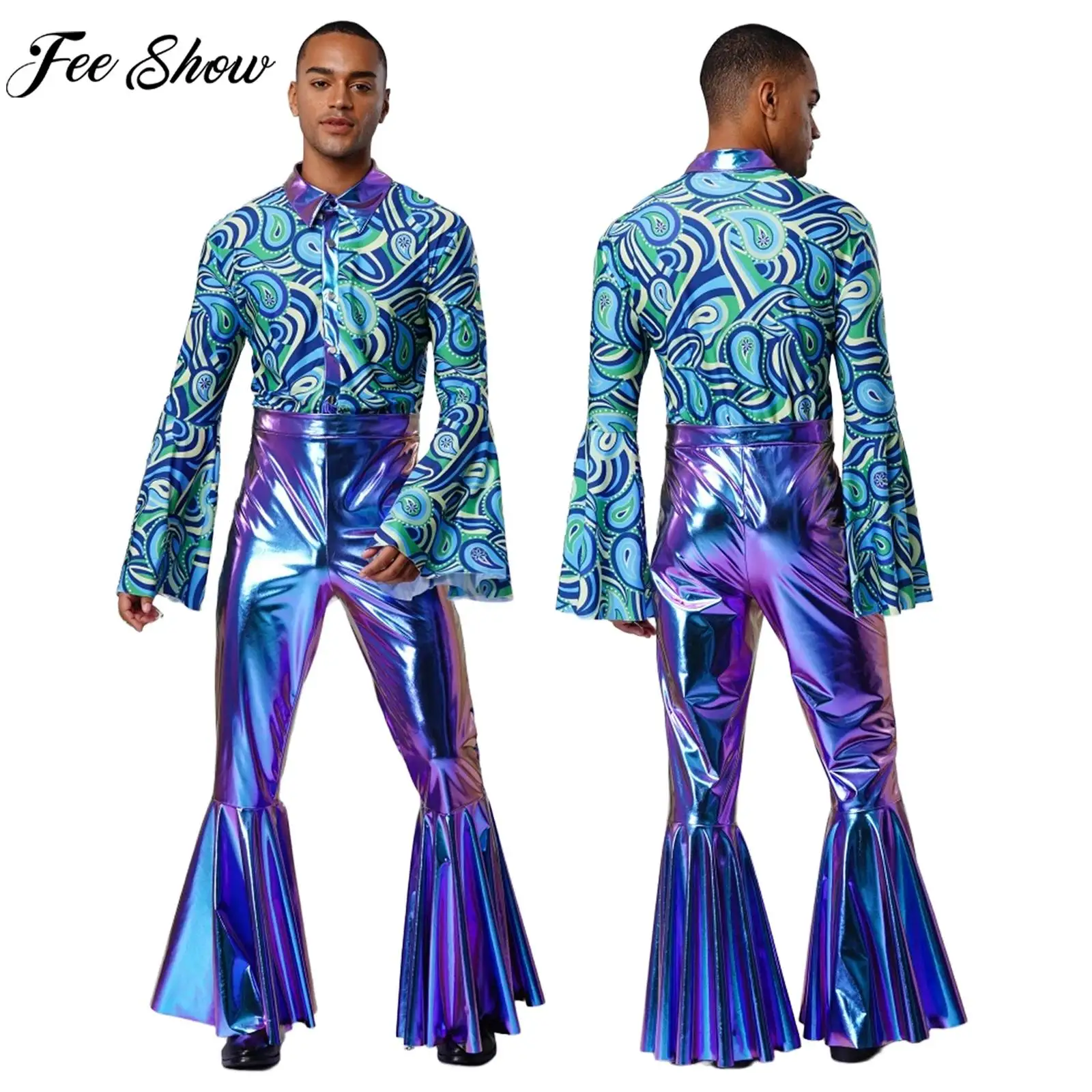 Men Halloween 70-80s Disco Hippie Cosplay Performance Costume Flare Sleeve Printed Metallic Shiny Bell-Bottom Jumpsuit Clubwear - 2