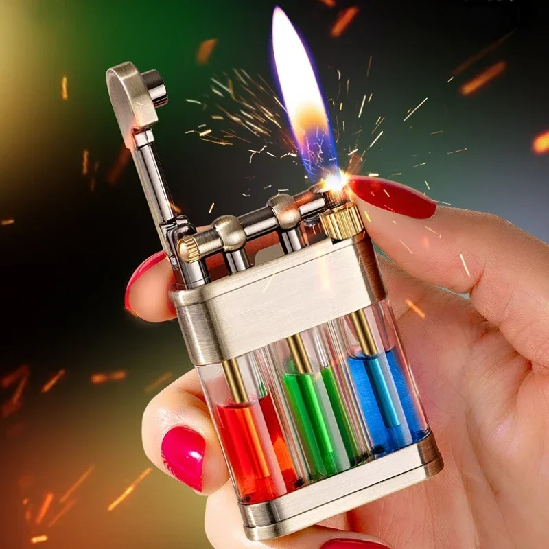 

2023 Hot Sale Creative Three Color Vintage Open Flame Metal Clear Kerosene Lighter Portable Cigar Lighter Gadgets for Men