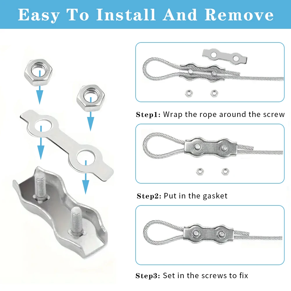 Wire Rope Clamps 1-10Pcs M2-M8 Stainless Steel Double Post Bolt Clip Wire Rope Cable Clamp Caliper Rope Simple Grip DIY Cable Fastener