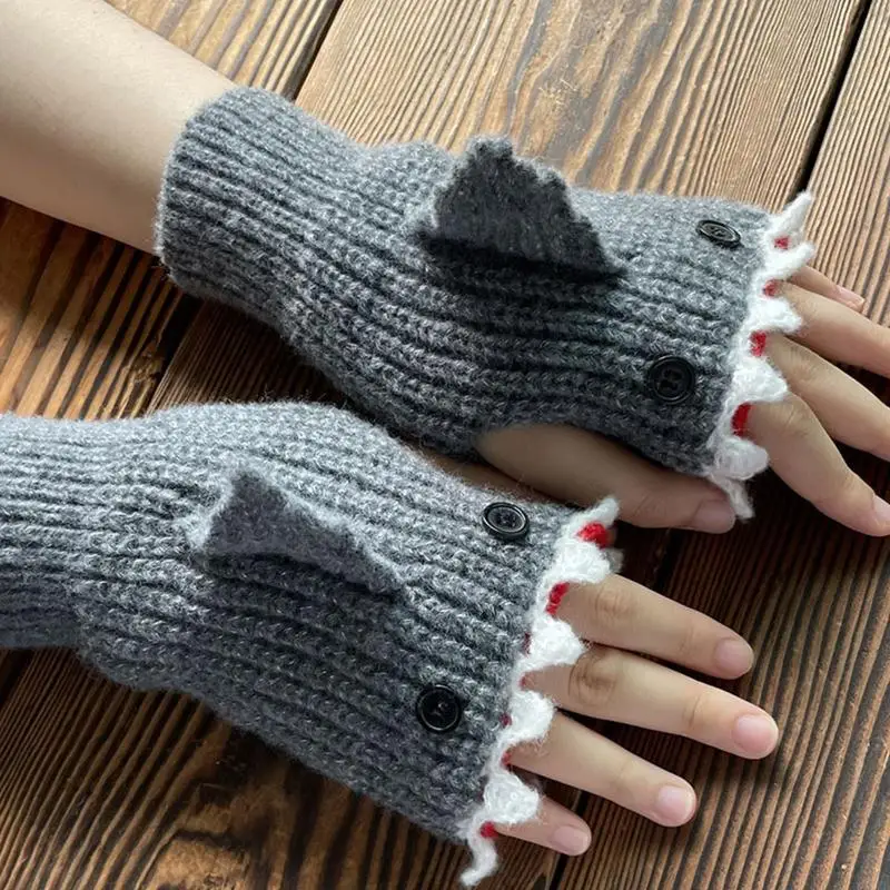 Knitted Gloves Winter Half Finger Mittens Stretchy Touchscreen Cartoon Shark Gloves for Kids Teens Christmas Presents