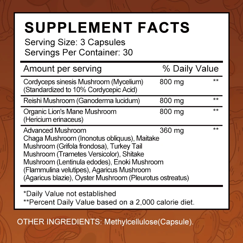 Lion Mane Cordyceps Mushroom Complex Supplement for Nootropic Brain Memory Focus Immune Stress Relief Boost Energy for lions mane mushroom capsules