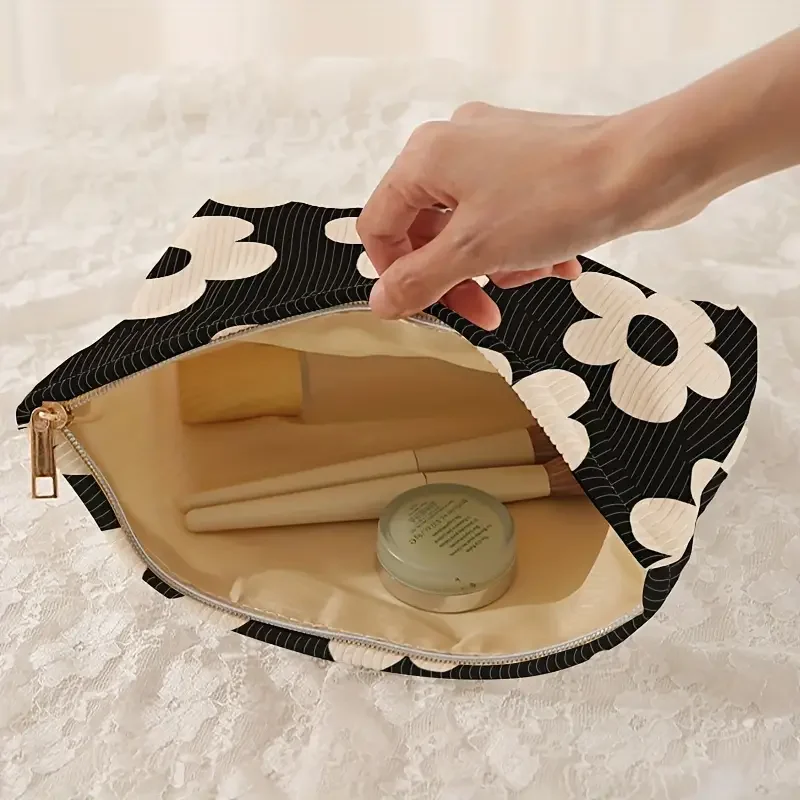 Yellow floral printed corduroy makeup bag, lightweight zipper makeup storage box, multifunctional bag with lining