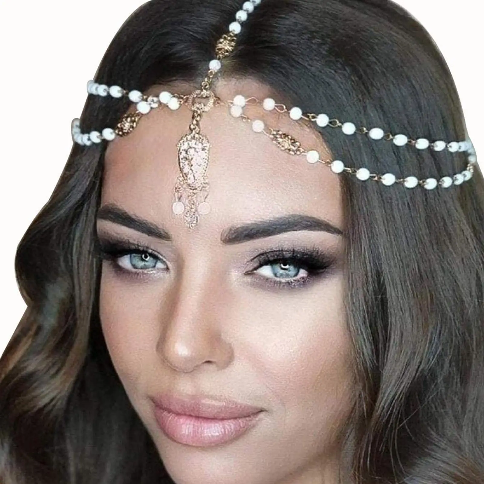 BohoPearlTasselHairChainIndianJewelryFashionForeheadHead