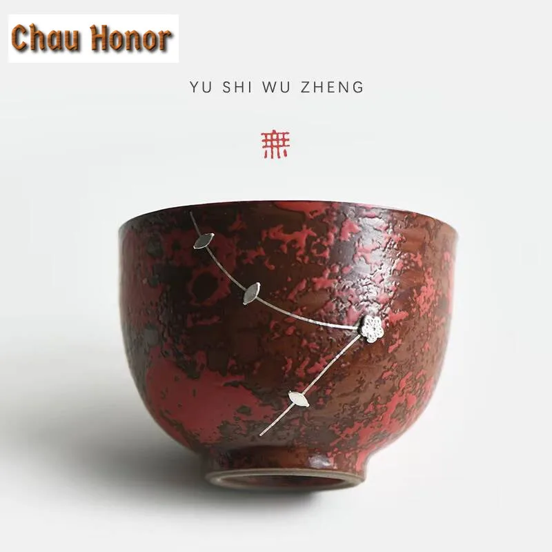 150ml Handmade Saw Nail Silver Ceramic Teacup Coarse Pottery Powder Yin Water Mug Palace Red Art Coffee Mug Drinkware Collection