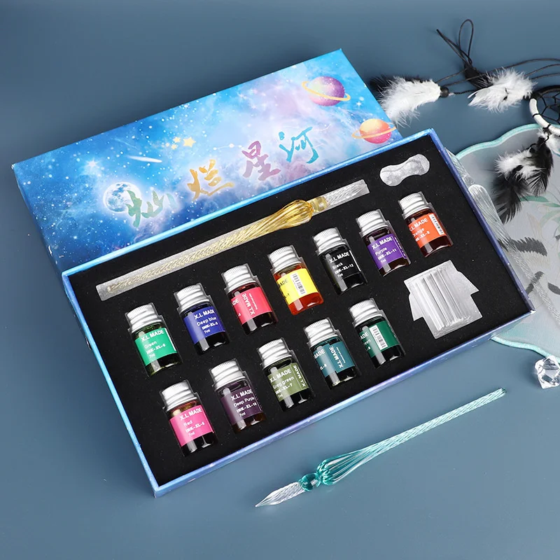 

7/15pcs Crystal Glass Dip Pen Set New Dipped In Water Pencil Star Sky Color Ink Signature Pens Student Painting Pen Sets Gifts