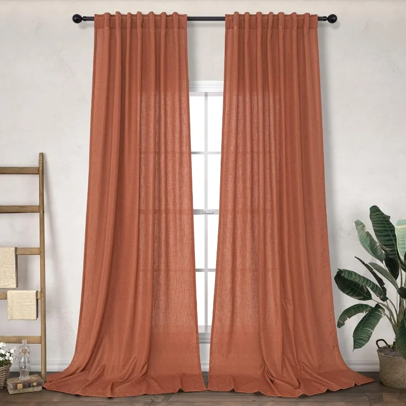 

Curtains Inches Long for Living Room Dining 2 Panels Back Tab Loop Pocket Light Filter Semi Privacy Sheer Linen Terracotta