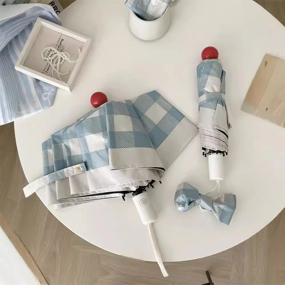 Automatic Open Close Minimalist Checkered Umbrella UV50+ Sun Protection Compact Folding Umbrella for Women