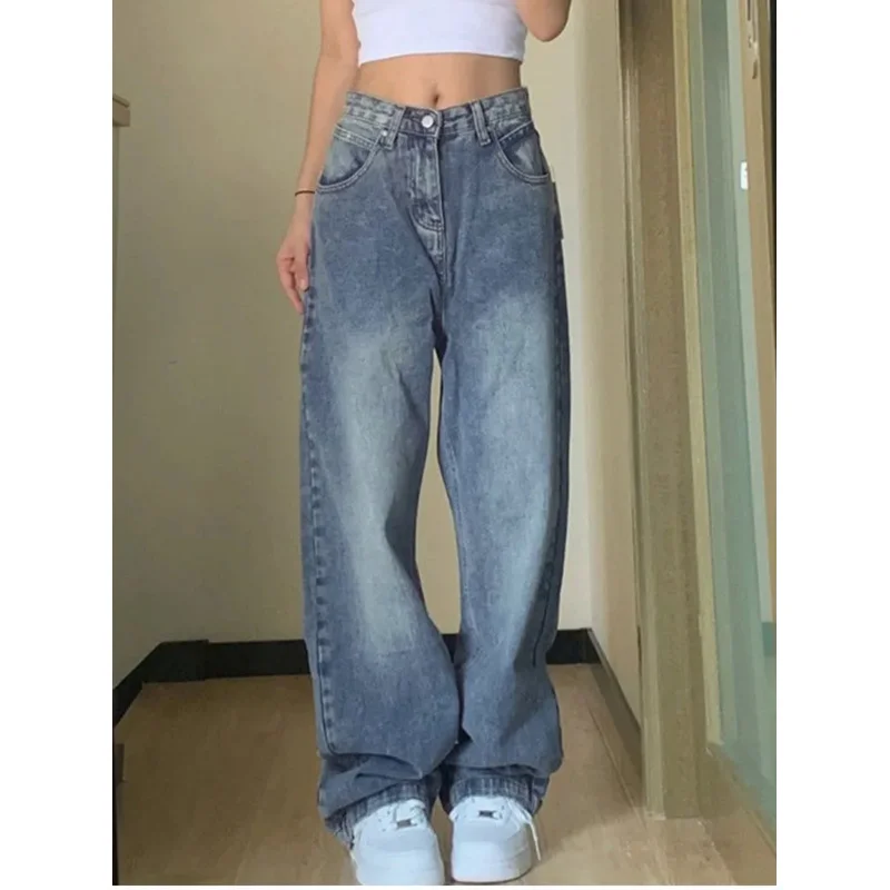 

Джинсы женские винтажные, свободные прямые брюки-багги из денима в стиле 90-х, с завышенной талией, с широкими штанинами, Повседневная Уличная одежда, Y2k