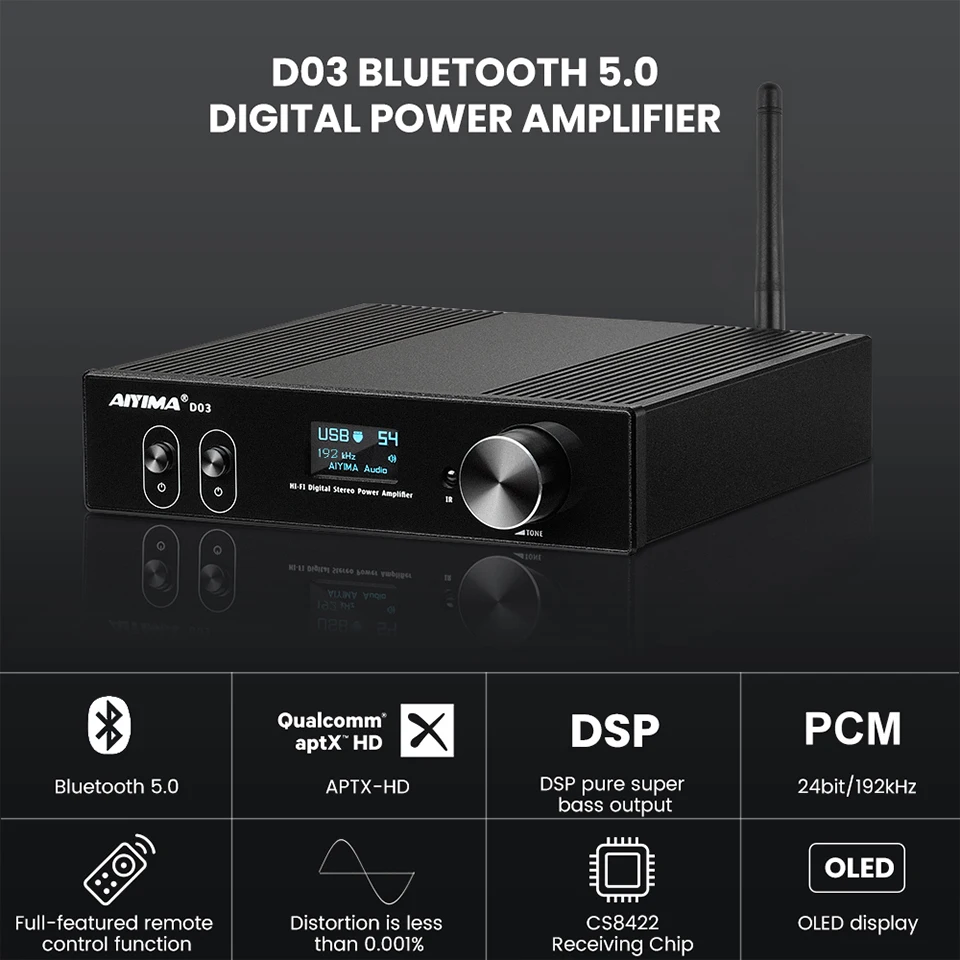 AIYIMA Audio D03 Bluetooth 5.0 Amplifier 150Wx2 Stereo HiFi 2.1 Wireless Digital Sound Power Subwoofer Amplificador USB DAC APTX streaming amplifier