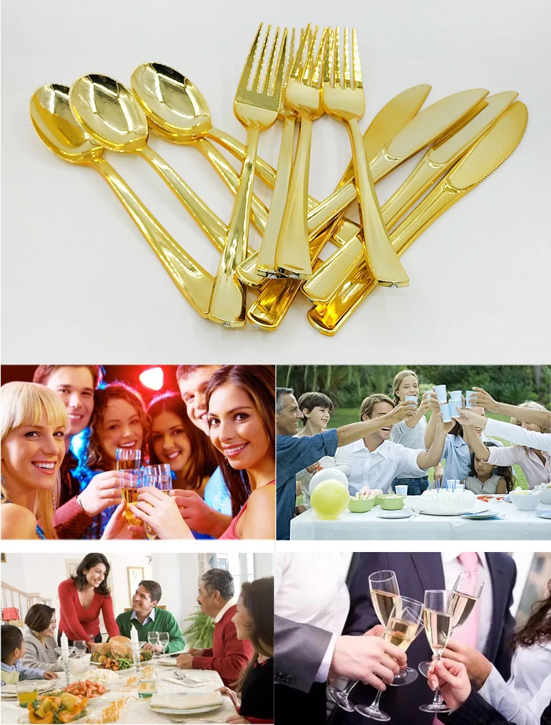 Description Picture 2 of item10pcs Electroplated Gold Plastic Knife Fork Spoon Birthday Party Disposable Knife Fork Spoon Tableware