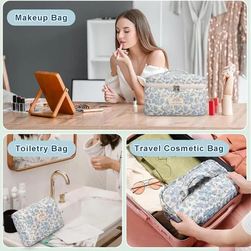 Floral Makeup Bag for Women 3X Cotton Quilted Cosmetic Tote Travel Toiletry Storage Pouch Handbag Flower Cotton Zipper Bags