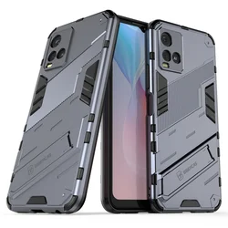 Enhanced Shockproof Phone Bumper Holder Kickstand Cover Case with PC Back for Vivo Y33S (GRAY)