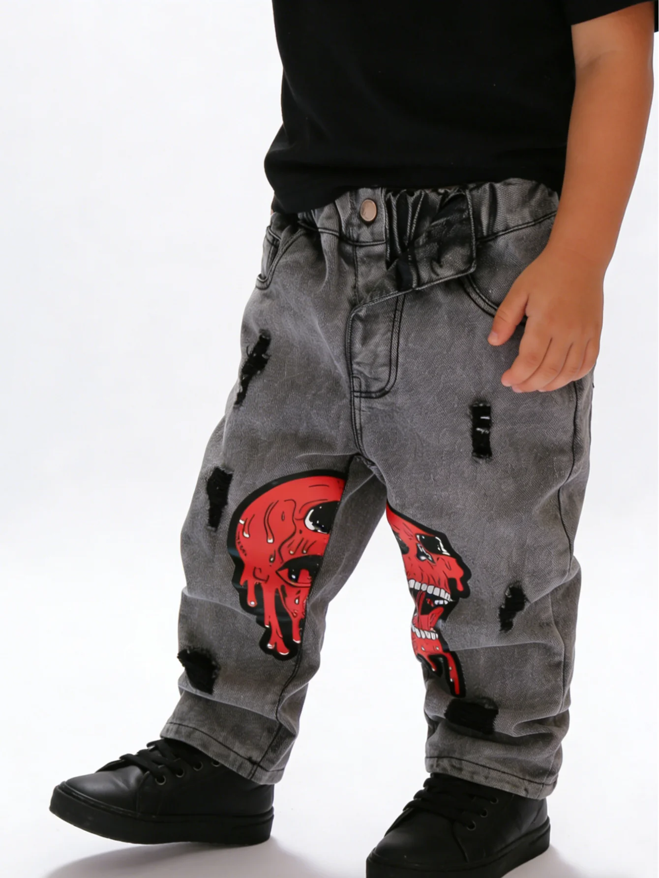 남아 해골 드립 프린트 데님 청바지, 신축성 있는 허리라인의 애시드 워싱 디스트레스드 청바지, 캐주얼 스트리트웨어 키즈 바지