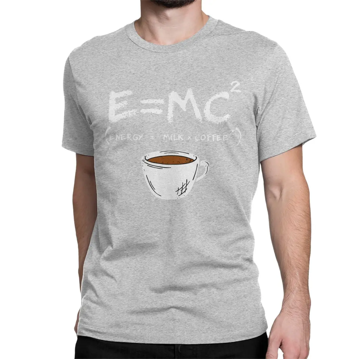 thumbnail image 1 of Camisetas de algodón para hombre y mujer, con cuello redondo y manga corta, con fórmula física E = MC2, de energía=leche+café., 1 of 7