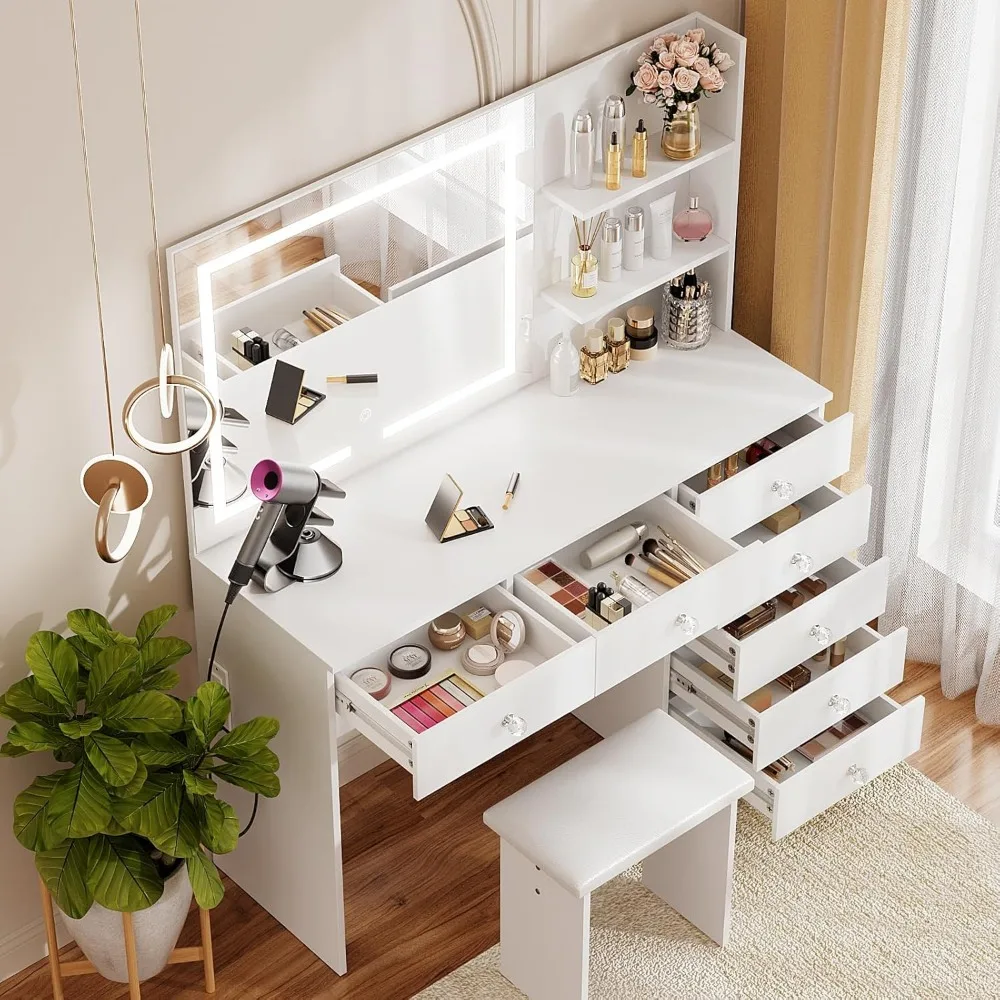 Vanity with Lighted Mirror - 47" Makeup Vanity Desk with 7 Drawers, 3 Storage Shelves and Outlet, 3 Color Lighting Modes 5