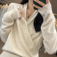 Women's Combined Clothing Autumn And Winter New Item 100% Merino Wool Knitted Sweater Loose Top Sexy Top Cashmere Sweater YC205 - Image 5