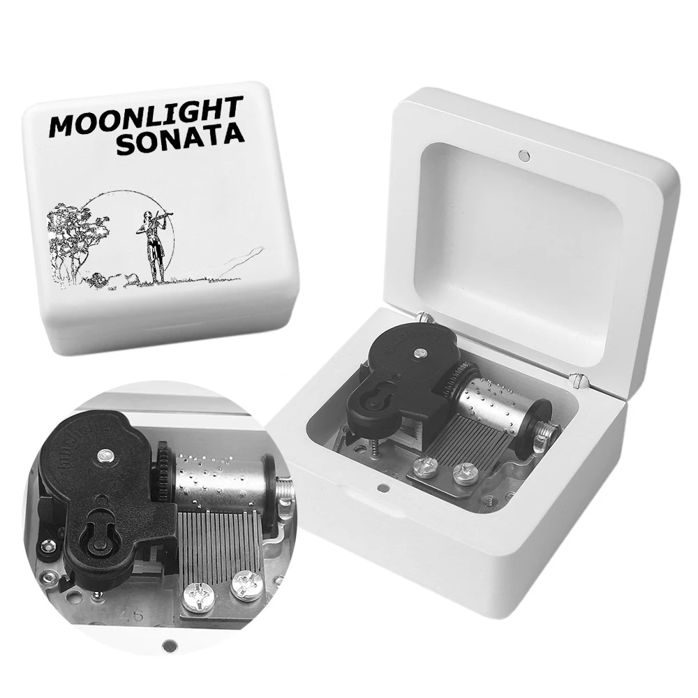 Rosiking Wooden white clockwork music box ♫ MOONLIGHT SONATA ♫ For Children Girlfriends Christmas Valentines Birthday Gift