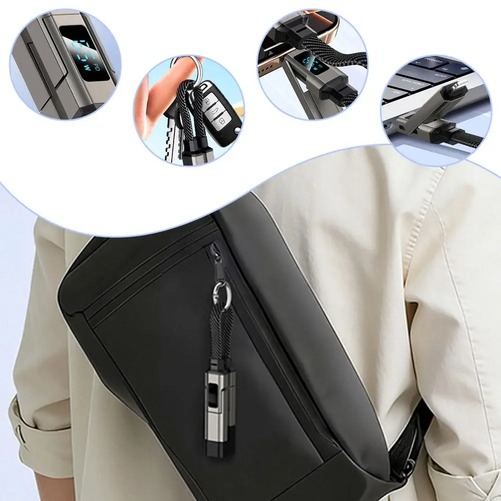 כבל טעינה 4 ב-1 65W בצורת מחזיק מפתחות, כבל USB C עם תצוגת V/A/W, סוג C עבור אפל, כבל נייד לאייפון/אייפד/סמסונג/לפטופ