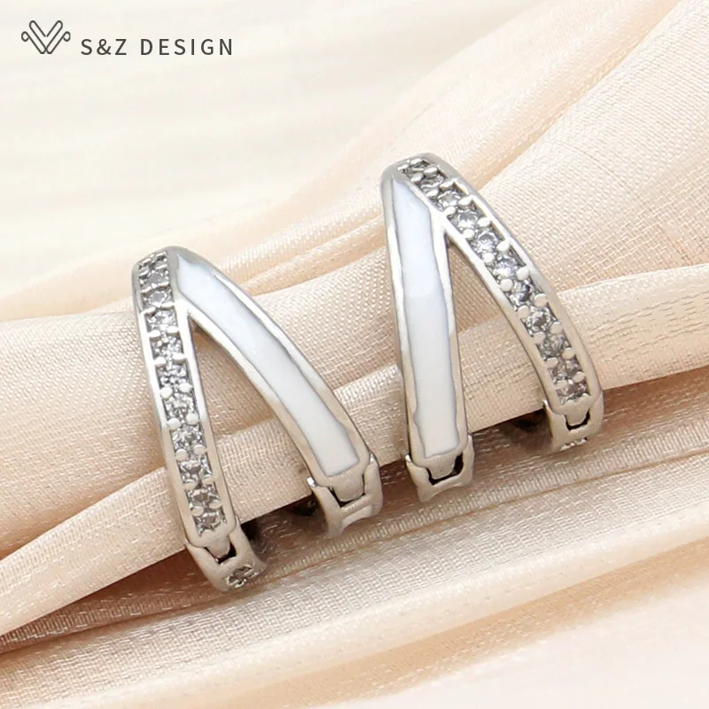 S&Z DESIGN New Fashion Luxury 585 Rose Gold Color Enamel Drop Earrings For Women Girl Wedding Jewelry Cubic Zirconia Eardrop