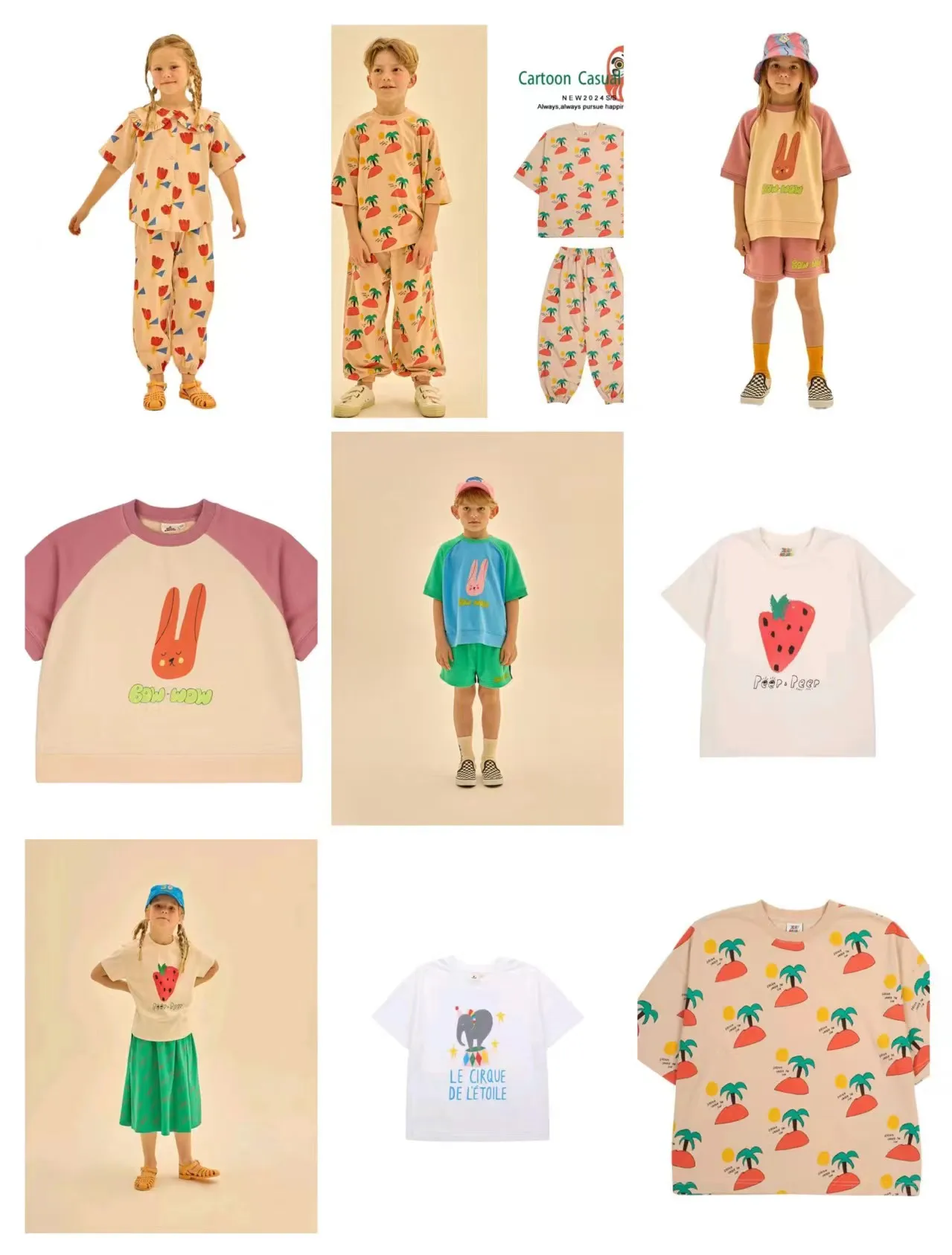 In Stock 2024 Summer New JM Boys and Girls Casual Two-piece Cartoon Print Short Sleeve Pants Suit