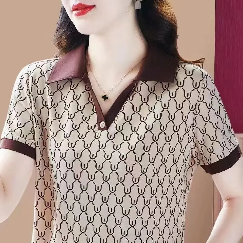 한국어 패션 여성 의류 폴로 셔츠 티셔츠 여름 새 인쇄 짧은 소매 다목적 캐주얼 빅 사이즈 루즈 풀오버 탑