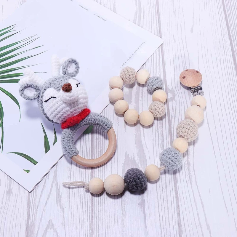 

3 Pcs/Set Baby Pacifier Chain Clip Dummy Nipple Holder Wooden Bracelet Crochet Deer Rattle Music Bell Teething Toy Soother Molar