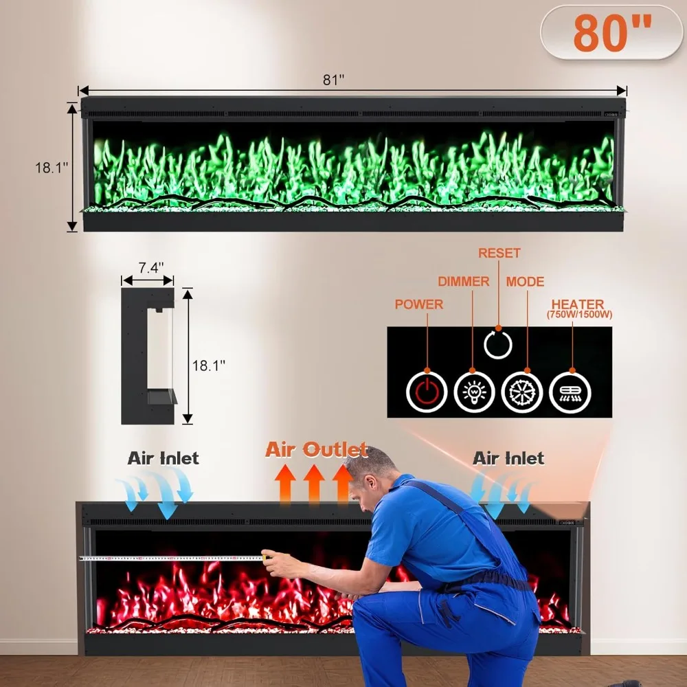 3 Sided Electric Fireplace Inserts, 80 inch Eletric Fire Place Heater, Modern Built in Wall Fireplace with Realistic Led Flame 2