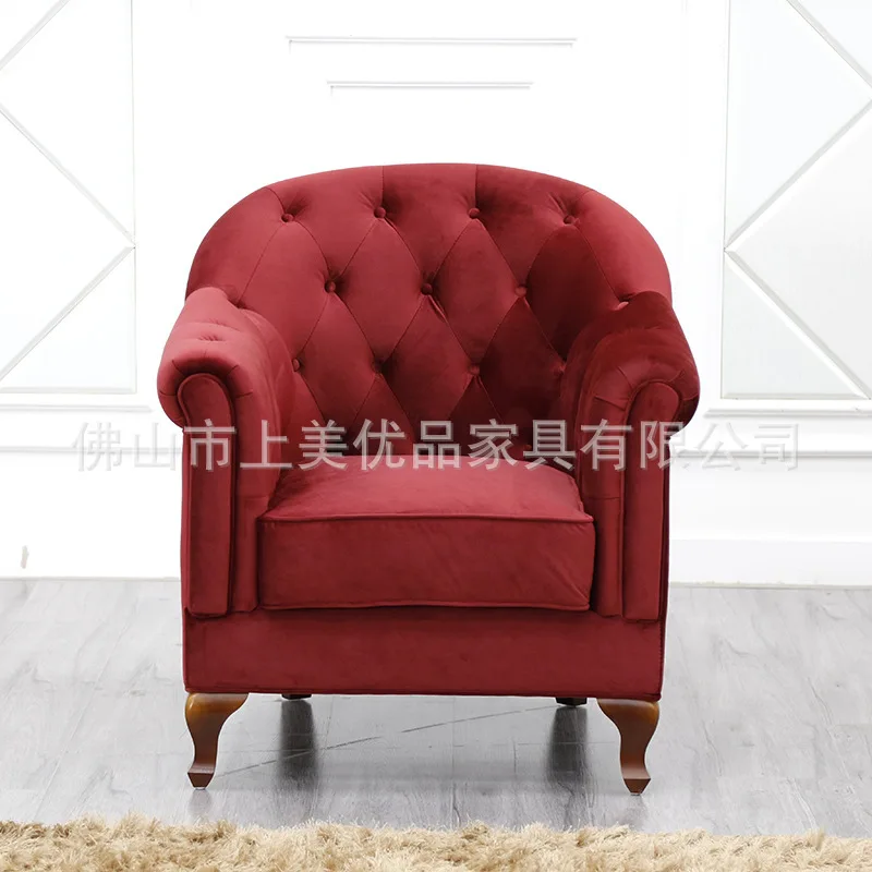 American light luxury armrest chair hotel cafe tiger chair red cloth soft bag pull buckle single sofa chair images - 6