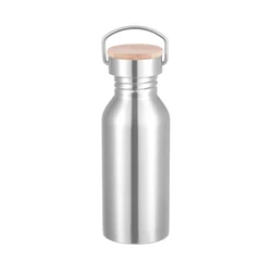 Sleek Silver Stainless Steel Water Bottle with Bamboo Lid - Portable and Leak - Proof Design (500ml - Bamboo Lid)